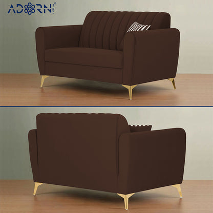 Adorn India Premium Luster 3-2 Sofa Set | Velvet Suede Fabric | 3-Year Warranty | Color Brown with Golden Legs & Striped Pattern Cushion