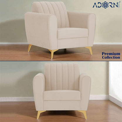 Adorn India Premium Luster 3-1-1 Sofa Set | Velvet Suede Fabric | 3-Year Warranty | Color Cream with Golden Legs & Striped Pattern Cushion
