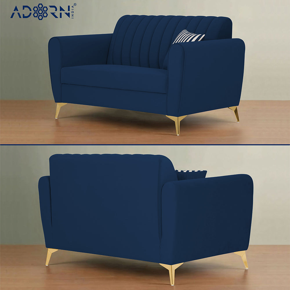 Adorn India Premium Luster 3-2-1 Sofa Set | Velvet Suede Fabric | 3-Year Warranty | Color Blue with Golden Legs & Striped Pattern Cushion