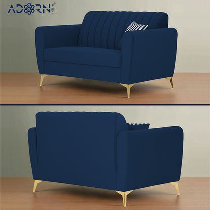 Adorn India Premium Luster 3-2-1 Sofa Set | Velvet Suede Fabric | 3-Year Warranty | Color Blue with Golden Legs & Striped Pattern Cushion