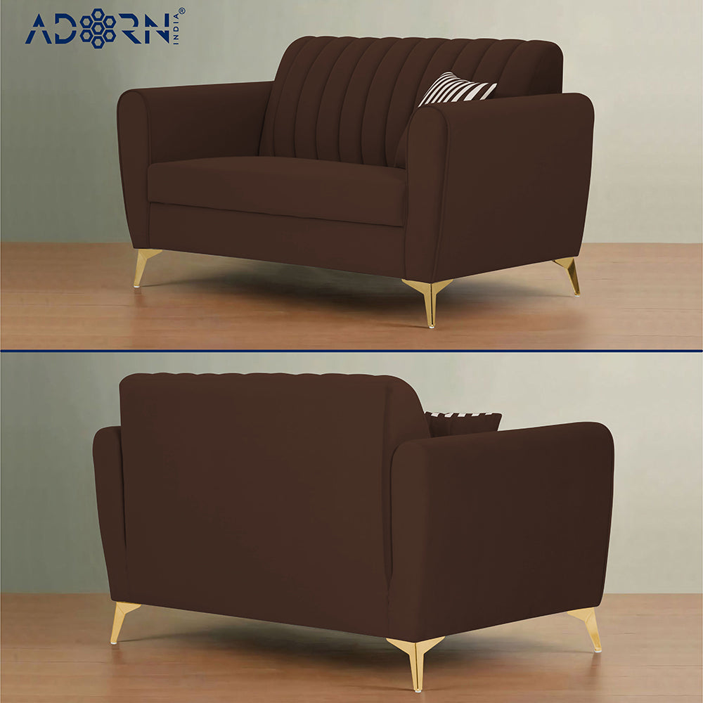 Adorn India Premium Luster 3-2-1 Sofa Set | Velvet Suede Fabric | 3-Year Warranty | Color Brown with Golden Legs & Striped Pattern Cushion