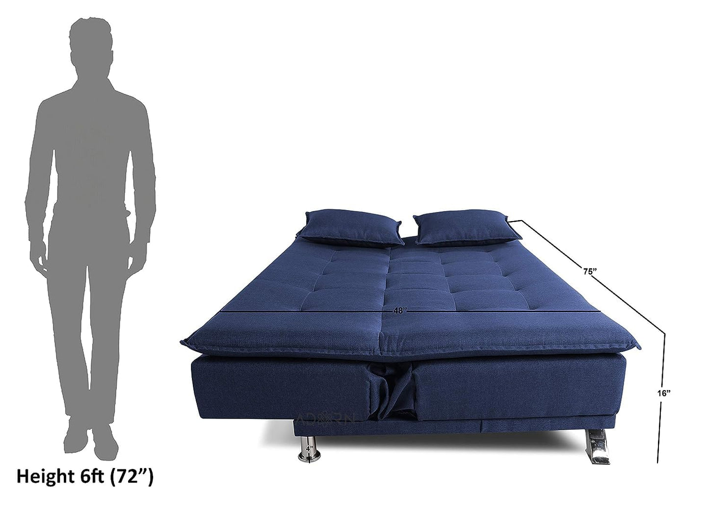 Adorn India Arden 4 Seater Plain Sofa Cum Bed 4 X 6 (Blue) (3 Year Warranty)