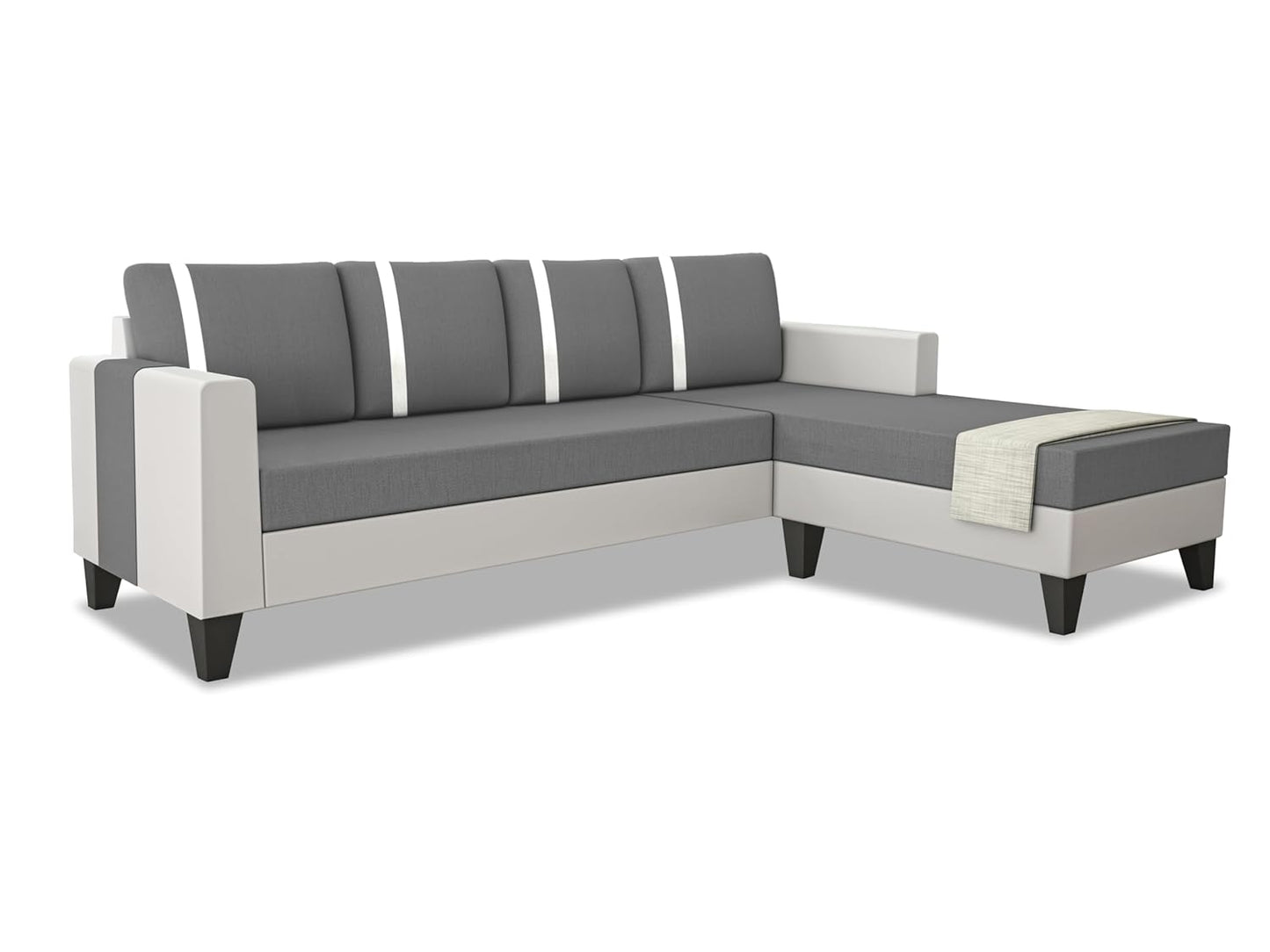Adorn India Ashley Stripes Leatherette Fabric L Shape 5 Seater Sofa Set RHS (Grey & White) (3 Year Warranty)