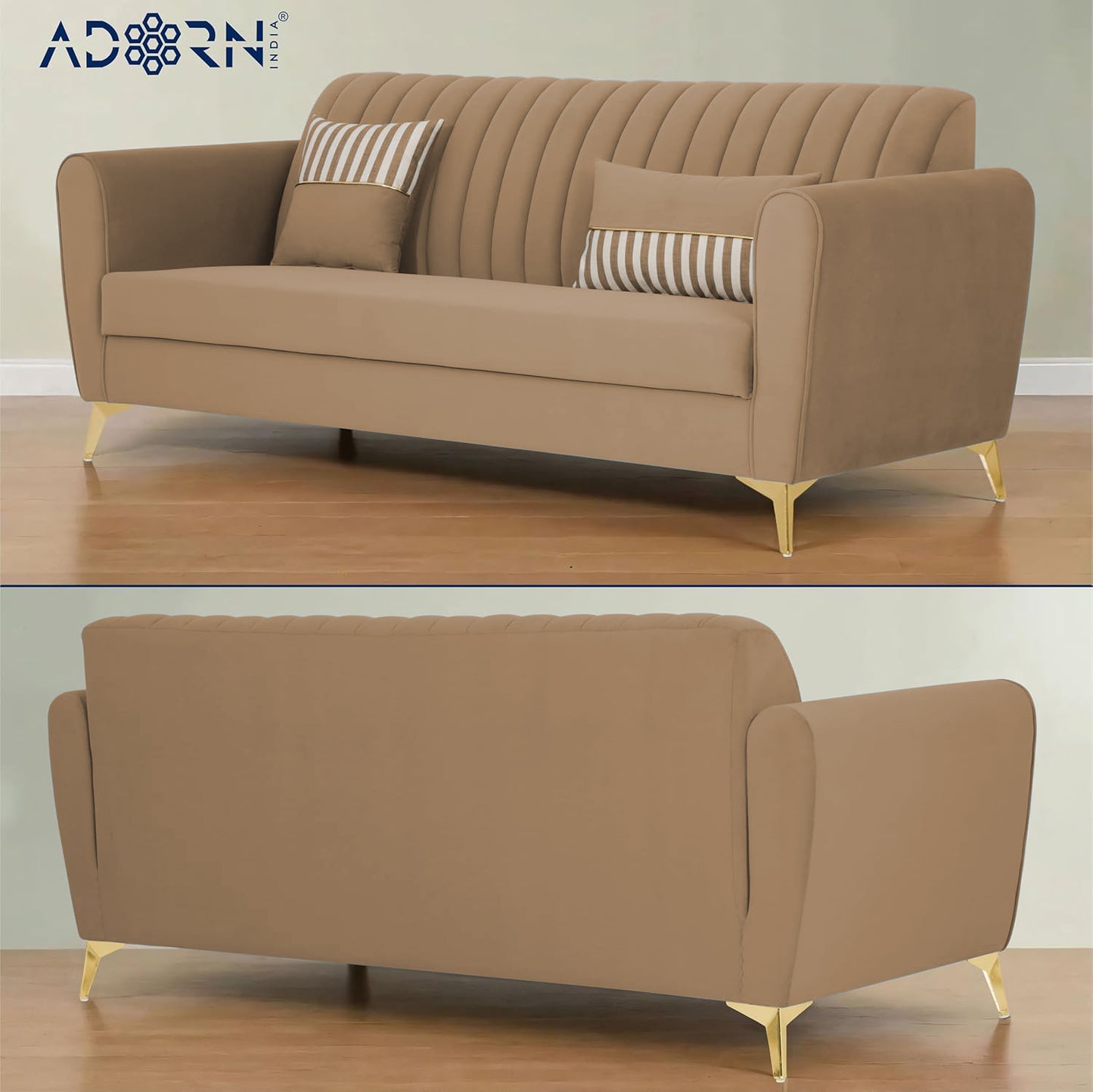 Adorn India Premium Luster 3 Seater | Velvet Suede Fabric | 3-Year Warranty | Color Camel with Golden Legs & Striped Pattern Cushion