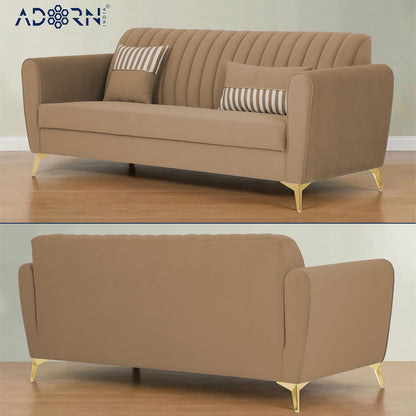 Adorn India Premium Luster 3 Seater | Velvet Suede Fabric | 3-Year Warranty | Color Camel with Golden Legs & Striped Pattern Cushion