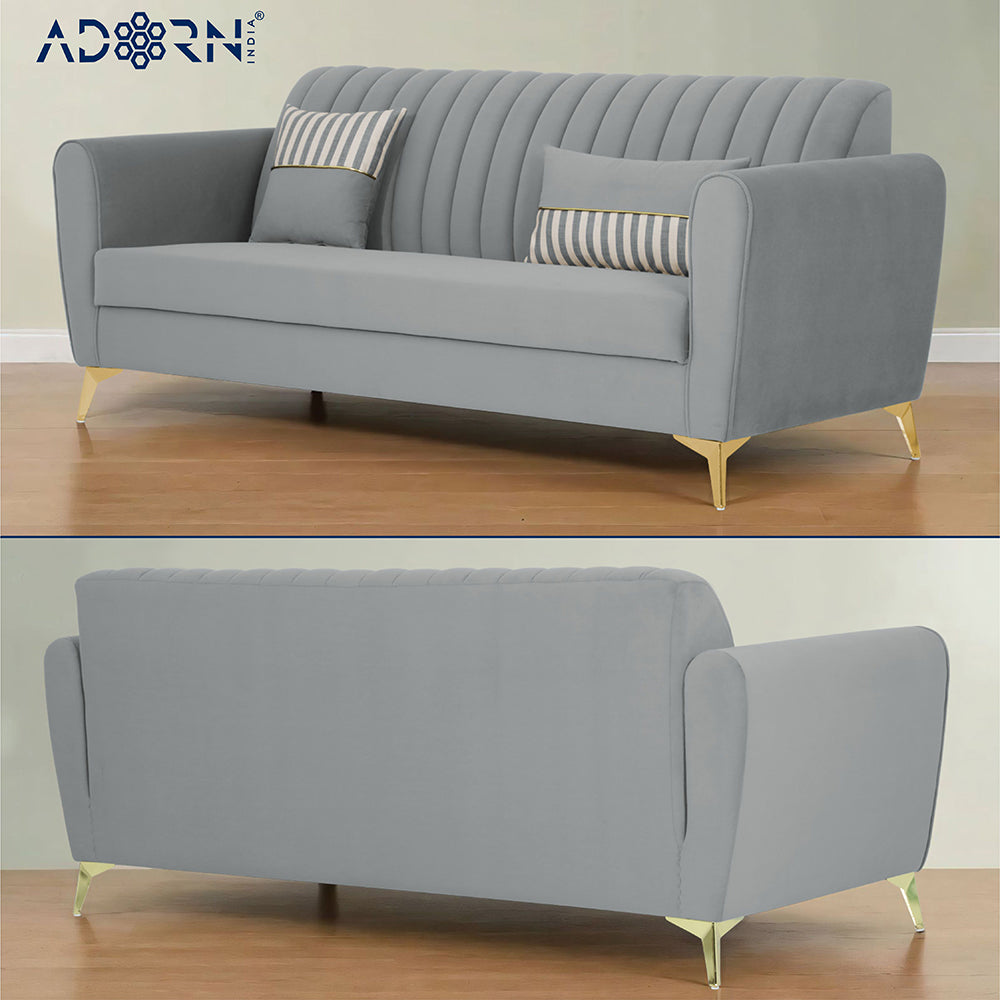 Adorn India Premium Luster 3+2 Sofa Set | Velvet Suede Fabric | 3-Year Warranty | Color Grey with Golden Legs & Striped Pattern Cushion