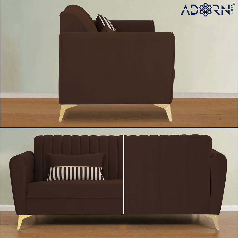 Adorn India Premium Luster 3 Seater | Velvet Suede Fabric | 3-Year Warranty | Color Brown with Golden Legs & Striped Pattern Cushion