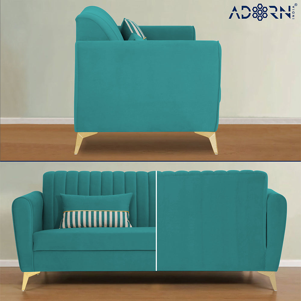 Adorn India Premium Luster 3 Seater | Velvet Suede Fabric | 3-Year Warranty | Color Aqua Blue with Golden Legs & Striped Pattern Cushion