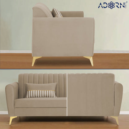 Adorn India Premium Luster 3 Seater | Velvet Suede Fabric | 3-Year Warranty | Color Beige with Golden Legs & Striped Pattern Cushion