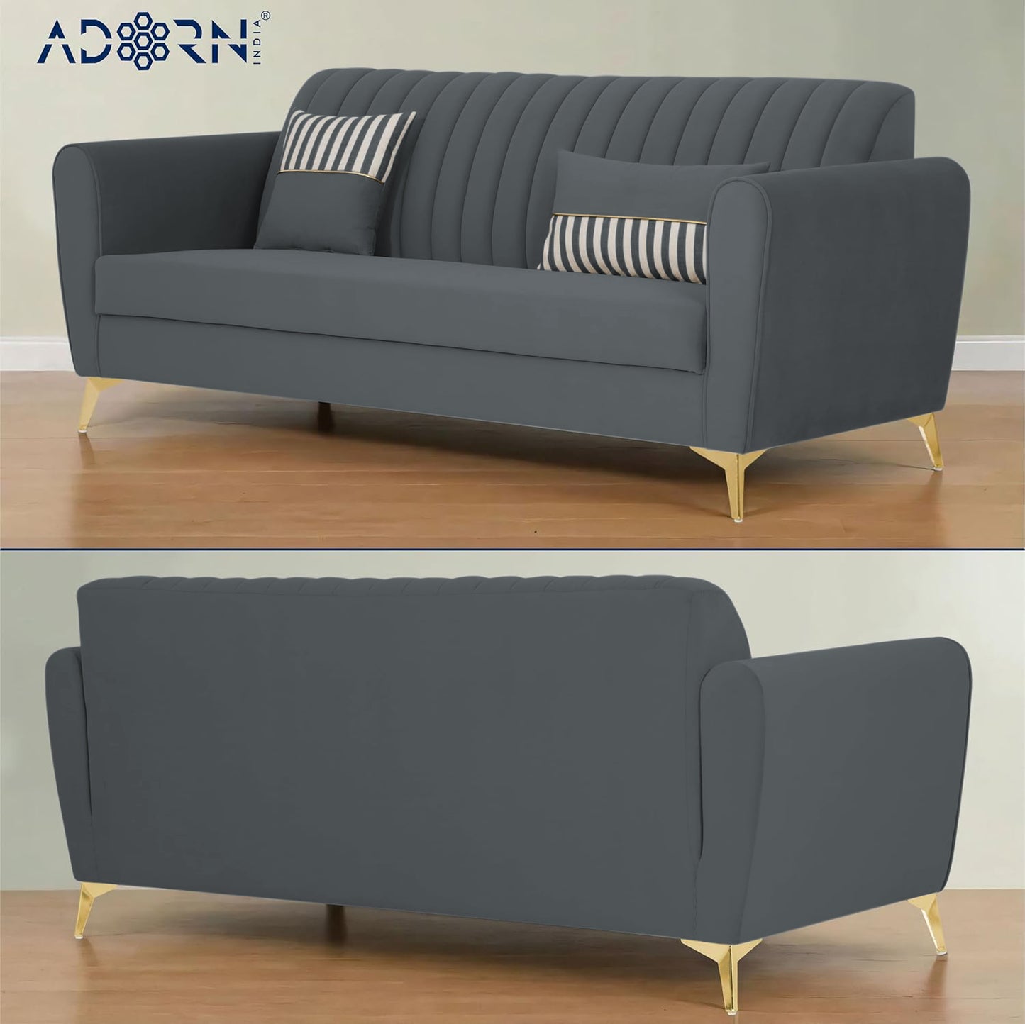 Adorn India Premium Luster 3 Seater | Velvet Suede Fabric | 3-Year Warranty | Color Dark Grey with Golden Legs & Striped Pattern Cushion