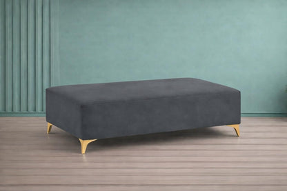 Adorn India Premium Luster 8 Seater L Shape Sofa Set with 2 Puffy & 1 Center Table | Velvet Suede Fabric | 3-Year Warranty | RHS | Dark Grey with Golden Legs & Striped Pattern Cushion