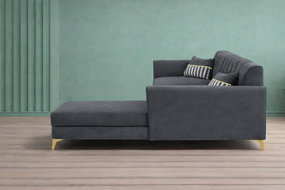 Adorn India Premium Luster 8 Seater L Shape Sofa Set with 2 Puffy & 1 Center Table | Velvet Suede Fabric | 3-Year Warranty | RHS | Dark Grey with Golden Legs & Striped Pattern Cushion