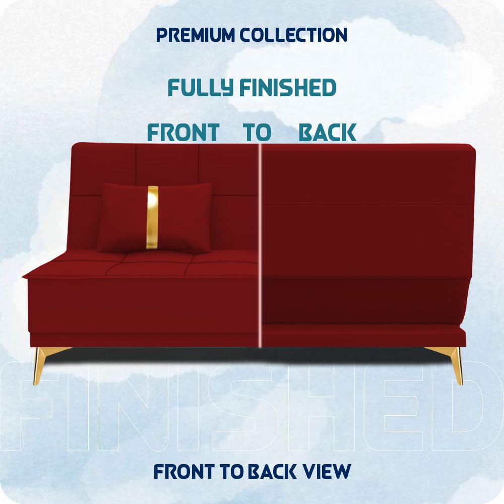 Adorn India Premium New Alyssum 3 Seater Sofa Cum Bed 4X6 Velvet Suede with 2 Cushions (Color Red) and Suitable for All Indoor, with 3 Years Warranty