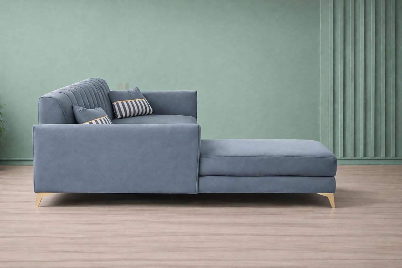 Adorn India Premium Luster 8 Seater L Shape Sofa Set with 2 Puffy & 1 Center Table | Velvet Suede Fabric | 3-Year Warranty | LHS | Grey with Golden Legs & Striped Pattern Cushion