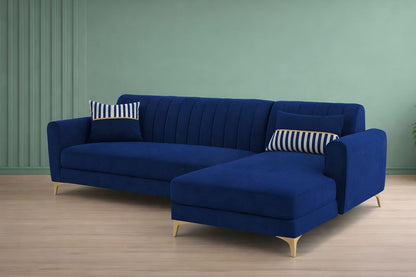Adorn India Premium Luster 6 Seater L Shape Sofa Set | Velvet Suede Fabric | 3-Year Warranty | RHS |Color Blue with Golden Legs & Striped Pattern Cushion