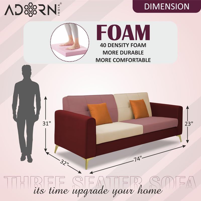 Adorn India Premium Harlem 3 Seater Sofa | Velvet Suede Upholstery | 3-Year Warranty | Maroon, Pink & Beige with Gold Legs & Cushion