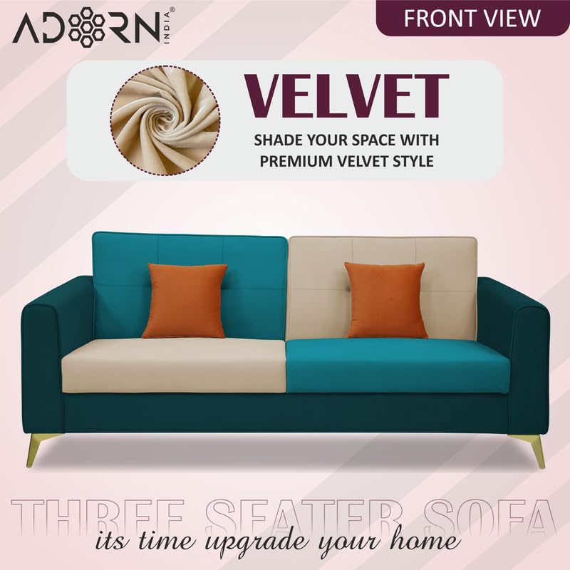 Adorn India Premium Harlem 3 Seater Sofa | Velvet Suede Upholstery | 3-Year Warranty | Ocean Blue, Aqua Blue & Beige with Gold Legs & Cushion