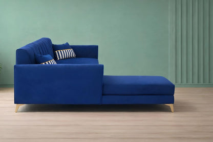 Adorn India Premium Luster 6 Seater L Shape Sofa Set | Velvet Suede Fabric | 3-Year Warranty | LHS |Color Blue with Golden Legs & Striped Pattern Cushion