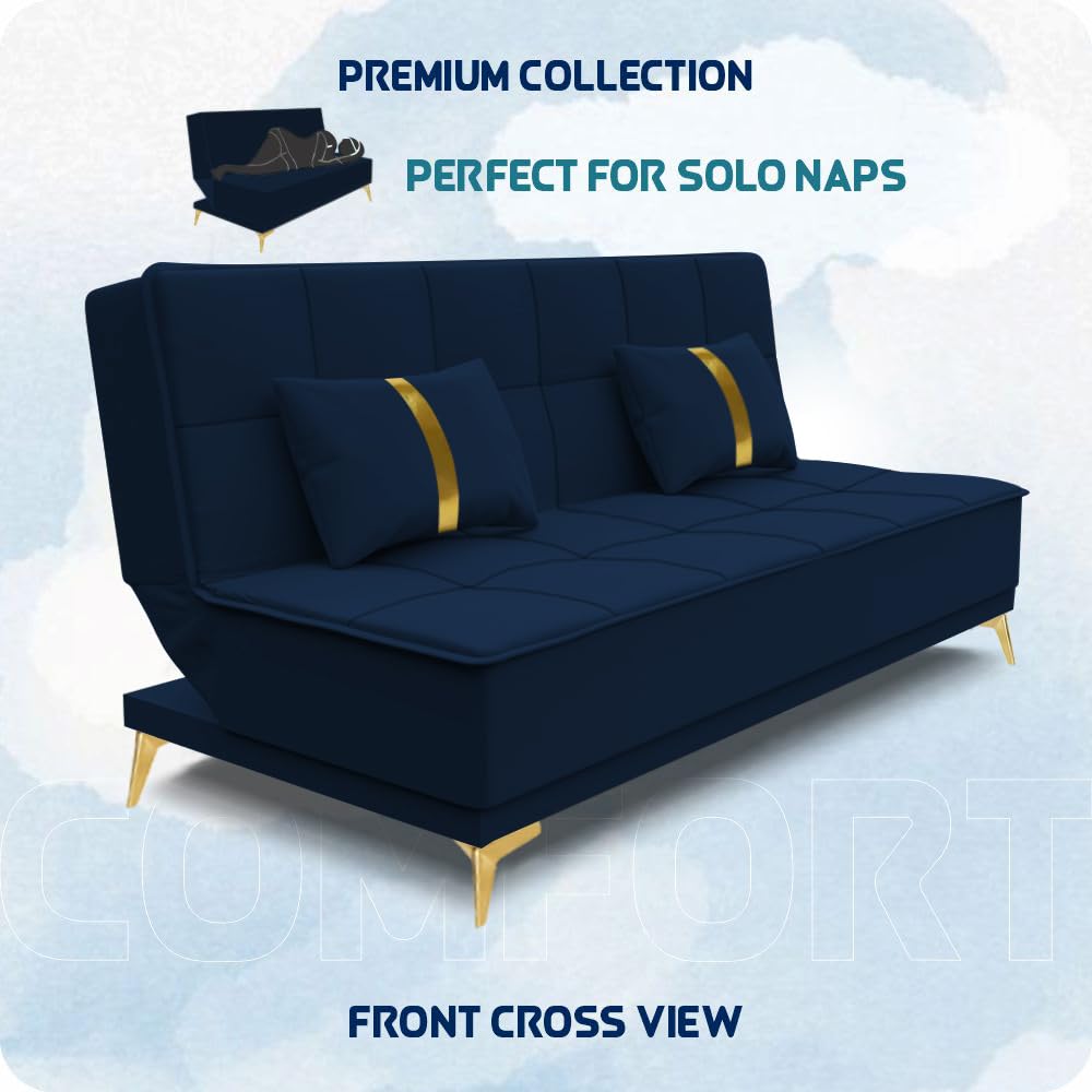 Adorn India Premium New Alyssum 3 Seater Sofa Cum Bed 4X6 Velvet Suede with 2 Cushions (Color Blue) and Suitable for All Indoor, with 3 Years Warranty