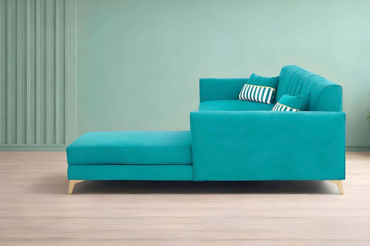 Adorn India Premium Luster 6 Seater L Shape Sofa Set | Velvet Suede Fabric | 3-Year Warranty | RHS |Color Aqua Blue with Golden Legs & Striped Pattern Cushion