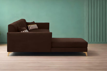 Adorn India Premium Luster 8 Seater L Shape Sofa Set with 2 Puffy & 1 Center Table | Velvet Suede Fabric | 3-Year Warranty | LHS | Brown with Golden Legs & Striped Pattern Cushion