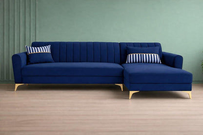 Adorn India Premium Luster 6 Seater L Shape Sofa Set | Velvet Suede Fabric | 3-Year Warranty | RHS |Color Blue with Golden Legs & Striped Pattern Cushion
