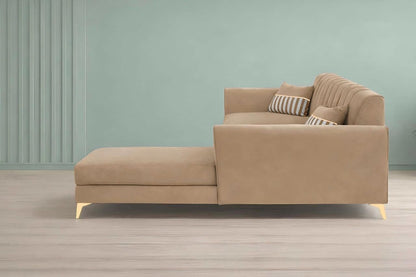 Adorn India Premium Luster 6 Seater L Shape Sofa Set | Velvet Suede Fabric | 3-Year Warranty | RHS |Color Camel with Golden Legs & Striped Pattern Cushion