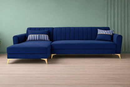 Adorn India Premium Luster 6 Seater L Shape Sofa Set | Velvet Suede Fabric | 3-Year Warranty | LHS |Color Blue with Golden Legs & Striped Pattern Cushion