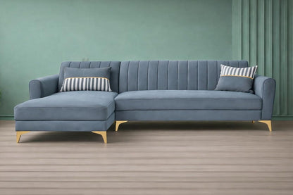 Adorn India Premium Luster 8 Seater L Shape Sofa Set with 2 Puffy & 1 Center Table | Velvet Suede Fabric | 3-Year Warranty | LHS | Grey with Golden Legs & Striped Pattern Cushion
