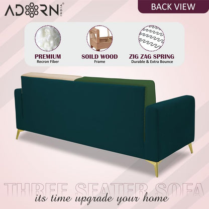 Adorn India Premium Harlem 3 Seater Sofa | Velvet Suede Upholstery | 3-Year Warranty | Ocean Blue, Dark Green & Beige with Gold Legs & Cushion