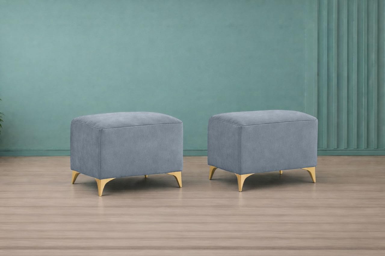 Adorn India Premium Luster 8 Seater L Shape Sofa Set with 2 Puffy & 1 Center Table | Velvet Suede Fabric | 3-Year Warranty | LHS | Grey with Golden Legs & Striped Pattern Cushion