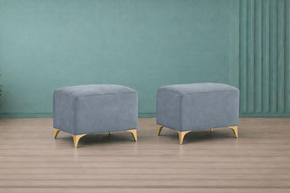 Adorn India Premium Luster 8 Seater L Shape Sofa Set with 2 Puffy & 1 Center Table | Velvet Suede Fabric | 3-Year Warranty | LHS | Grey with Golden Legs & Striped Pattern Cushion