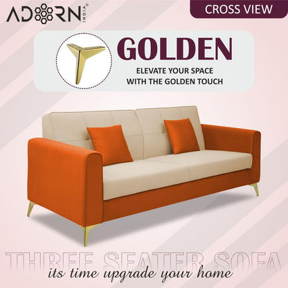 Adorn India Premium Harlem 3 Seater Sofa | Velvet Suede Upholstery | 3-Year Warranty | Beige & Orange with Gold Legs & Cushion