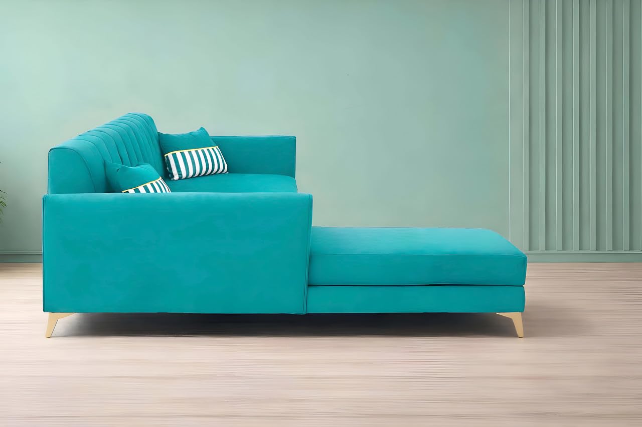 Adorn India Premium Luster 8 Seater L Shape Sofa Set with 2 Puffy & 1 Center Table | Velvet Suede Fabric | 3-Year Warranty | LHS | Aqua Blue with Golden Legs & Striped Pattern Cushion