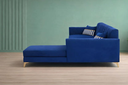 Adorn India Premium Luster 6 Seater L Shape Sofa Set | Velvet Suede Fabric | 3-Year Warranty | RHS |Color Blue with Golden Legs & Striped Pattern Cushion