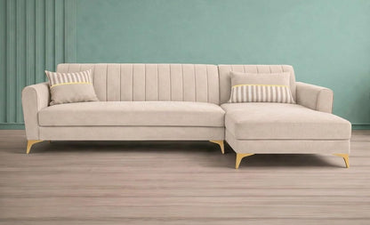 Adorn India Premium Luster 6 Seater L Shape Sofa Set | Velvet Suede Fabric | 3-Year Warranty | RHS |Color Cream with Golden Legs & Striped Pattern Cushion