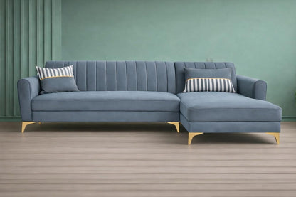 Adorn India Premium Luster 6 Seater L Shape Sofa Set | Velvet Suede Fabric | 3-Year Warranty | RHS |Color Grey with Golden Legs & Striped Pattern Cushion