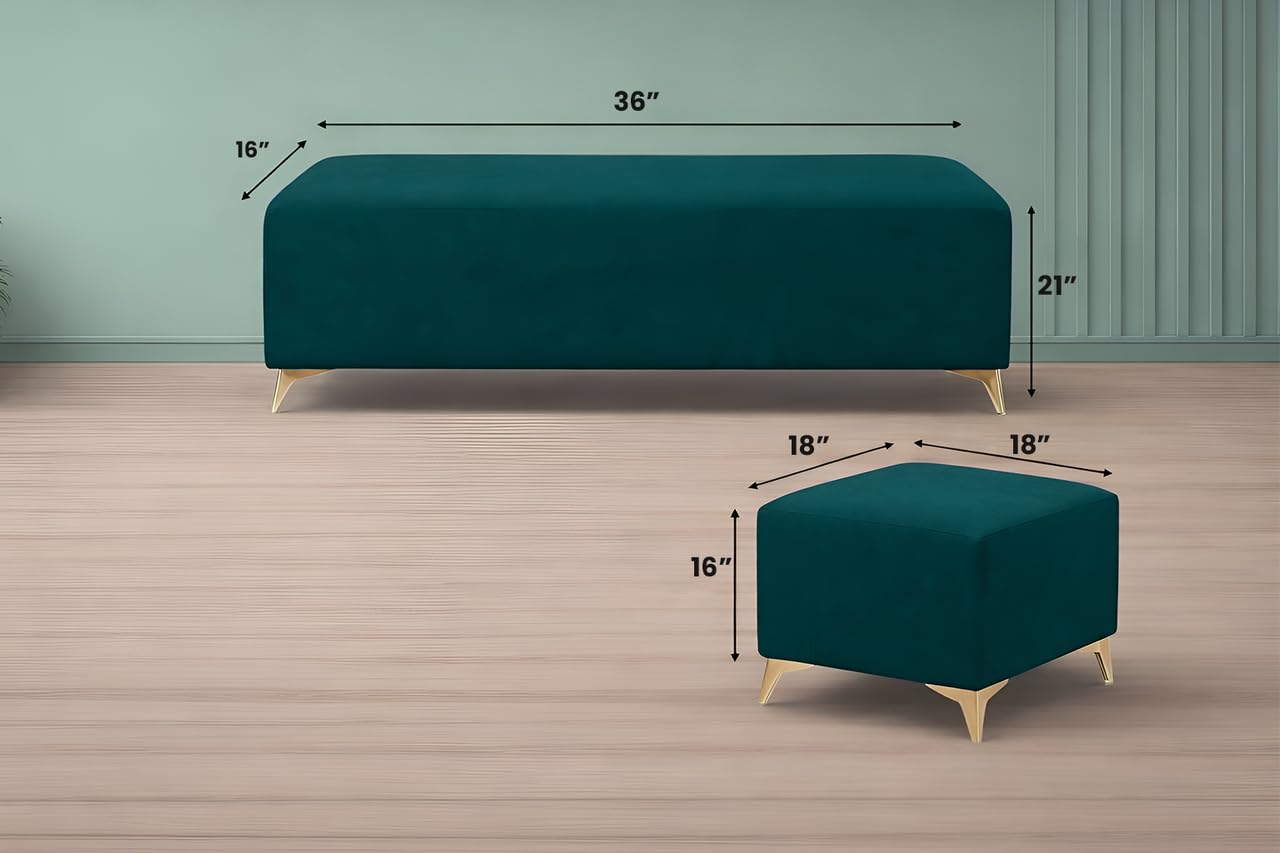 Adorn India Premium Luster 8 Seater L Shape Sofa Set with 2 Puffy & 1 Center Table | Velvet Suede Fabric | 3-Year Warranty | LHS | Ocean Blue with Golden Legs & Striped Pattern Cushion