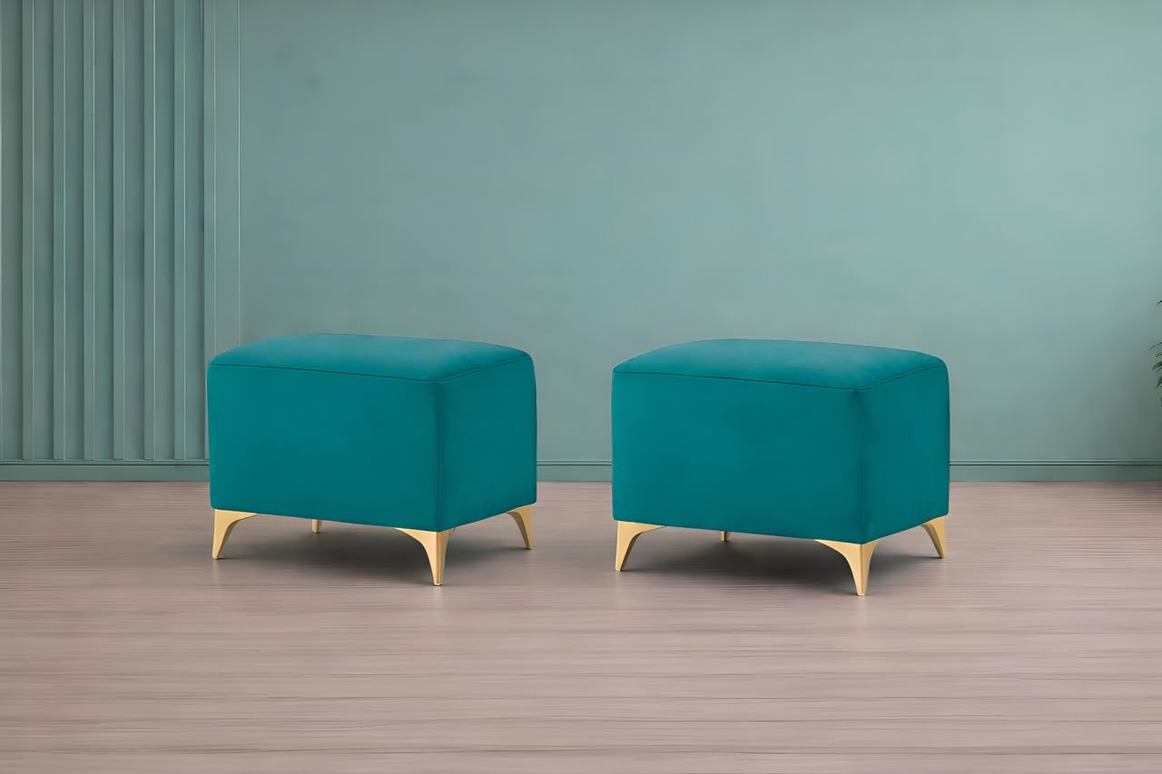 Adorn India Premium Luster 8 Seater L Shape Sofa Set with 2 Puffy & 1 Center Table | Velvet Suede Fabric | 3-Year Warranty | RHS | Aqua Blue with Golden Legs & Striped Pattern Cushion