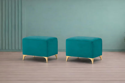 Adorn India Premium Luster 8 Seater L Shape Sofa Set with 2 Puffy & 1 Center Table | Velvet Suede Fabric | 3-Year Warranty | RHS | Aqua Blue with Golden Legs & Striped Pattern Cushion