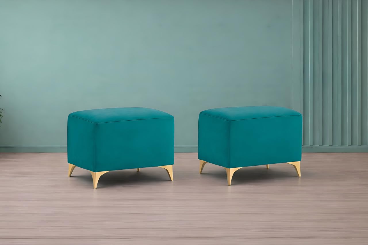 Adorn India Premium Luster 8 Seater L Shape Sofa Set with 2 Puffy & 1 Center Table | Velvet Suede Fabric | 3-Year Warranty | LHS | Aqua Blue with Golden Legs & Striped Pattern Cushion