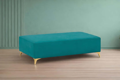 Adorn India Premium Luster 8 Seater L Shape Sofa Set with 2 Puffy & 1 Center Table | Velvet Suede Fabric | 3-Year Warranty | RHS | Aqua Blue with Golden Legs & Striped Pattern Cushion