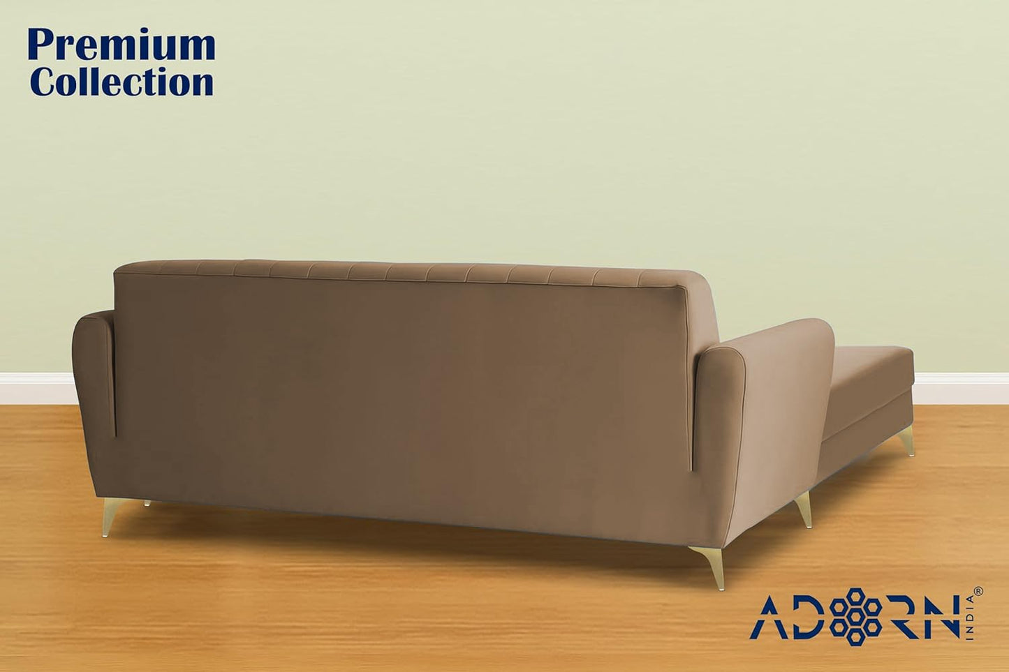 Adorn India Premium Luster 4 Seater L Shape Sofa Set | Velvet Suede Fabric | 3-Year Warranty | Color Camel with Golden Legs & Striped Pattern Cushion