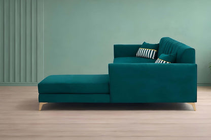Adorn India Premium Luster 6 Seater L Shape Sofa Set | Velvet Suede Fabric | 3-Year Warranty | RHS |Color Ocean Blue with Golden Legs & Striped Pattern Cushion