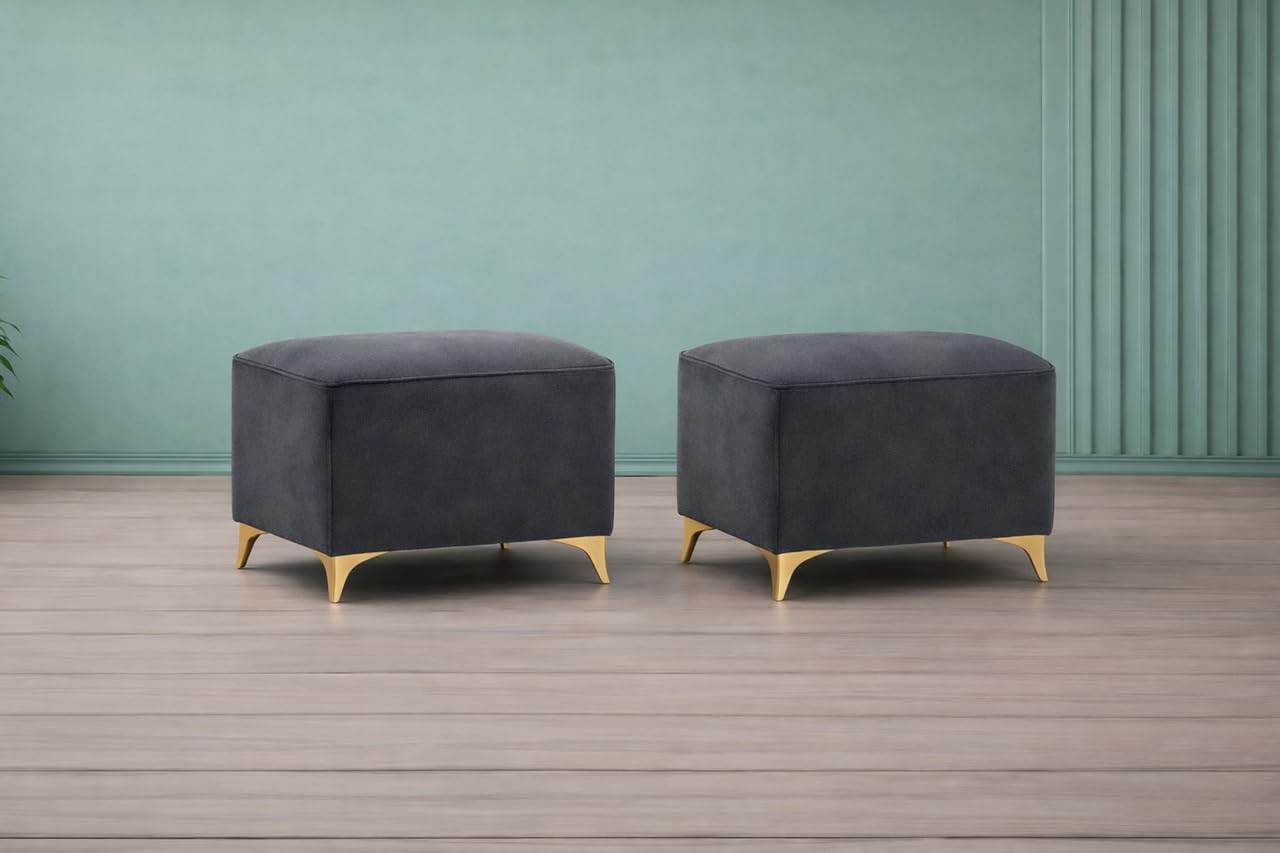 Adorn India Premium Luster 8 Seater L Shape Sofa Set with 2 Puffy & 1 Center Table | Velvet Suede Fabric | 3-Year Warranty | LHS | Dark Grey with Golden Legs & Striped Pattern Cushion