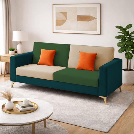 Adorn India Premium Harlem 3 Seater Sofa | Velvet Suede Upholstery | 3-Year Warranty | Ocean Blue, Dark Green & Beige with Gold Legs & Cushion