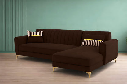 Adorn India Premium Luster 6 Seater L Shape Sofa Set | Velvet Suede Fabric | 3-Year Warranty | RHS |Color Brown with Golden Legs & Striped Pattern Cushion