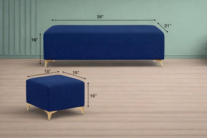 Adorn India Premium Luster 8 Seater L Shape Sofa Set with 2 Puffy & 1 Center Table | Velvet Suede Fabric | 3-Year Warranty | RHS | Blue with Golden Legs & Striped Pattern Cushion