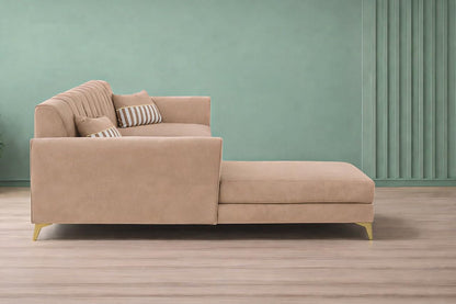 Adorn India Premium Luster 8 Seater L Shape Sofa Set with 2 Puffy & 1 Center Table | Velvet Suede Fabric | 3-Year Warranty | LHS | Beige with Golden Legs & Striped Pattern Cushion