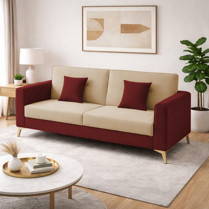 Adorn India Premium Harlem 3 Seater Sofa | Velvet Suede Upholstery | 3-Year Warranty |Maroon & Beige with Gold Legs & Cushion